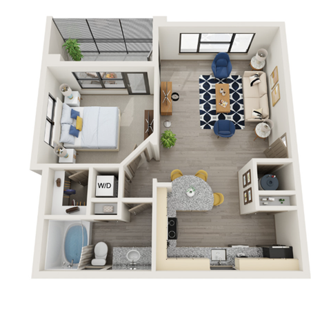 Floor plan for 1 bed, 1 bath, 745 sqft